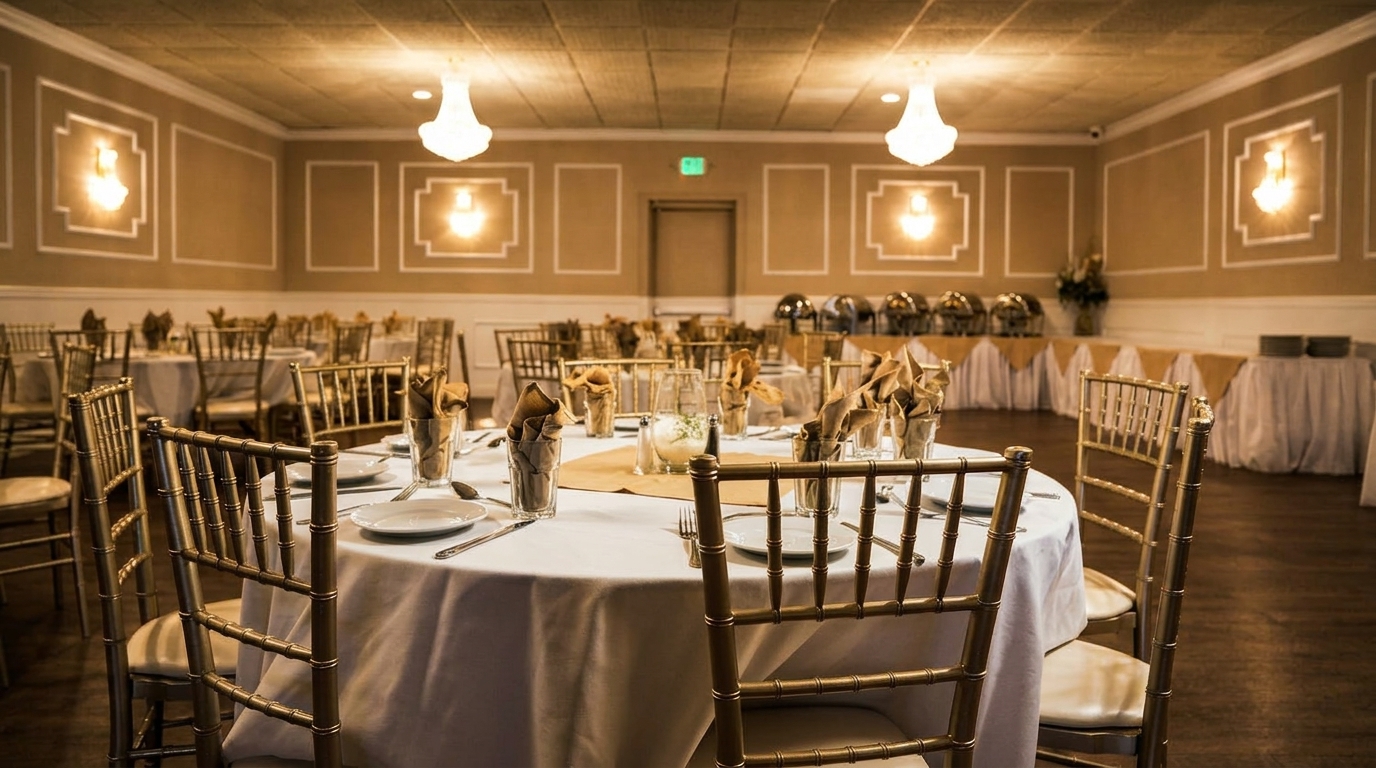 Elegant banquet hall with round tables set with white tablecloths, gold chairs, and chandeliers.