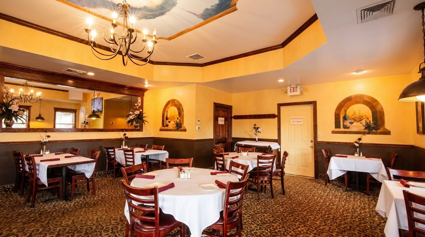 Warmly lit restaurant dining room with multiple tables set with white tablecloths and dark wooden chairs.