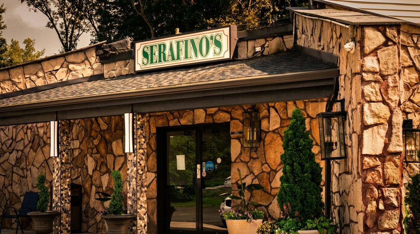 The exterior of Serafino's restaurant, featuring a stone facade, a prominent sign, and potted plants.