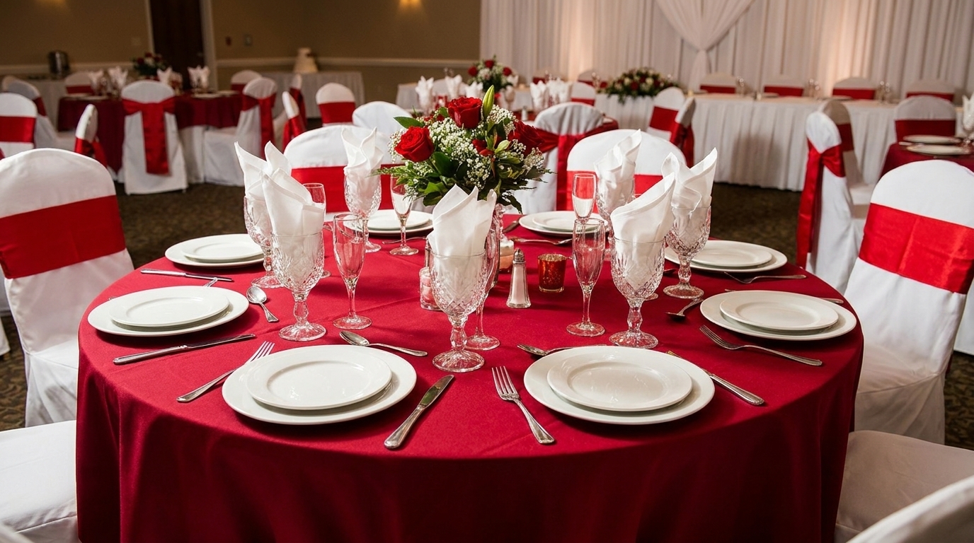 Round dining table set with red tablecloth, white plates, crystal glasses, and a red rose centerpiece.