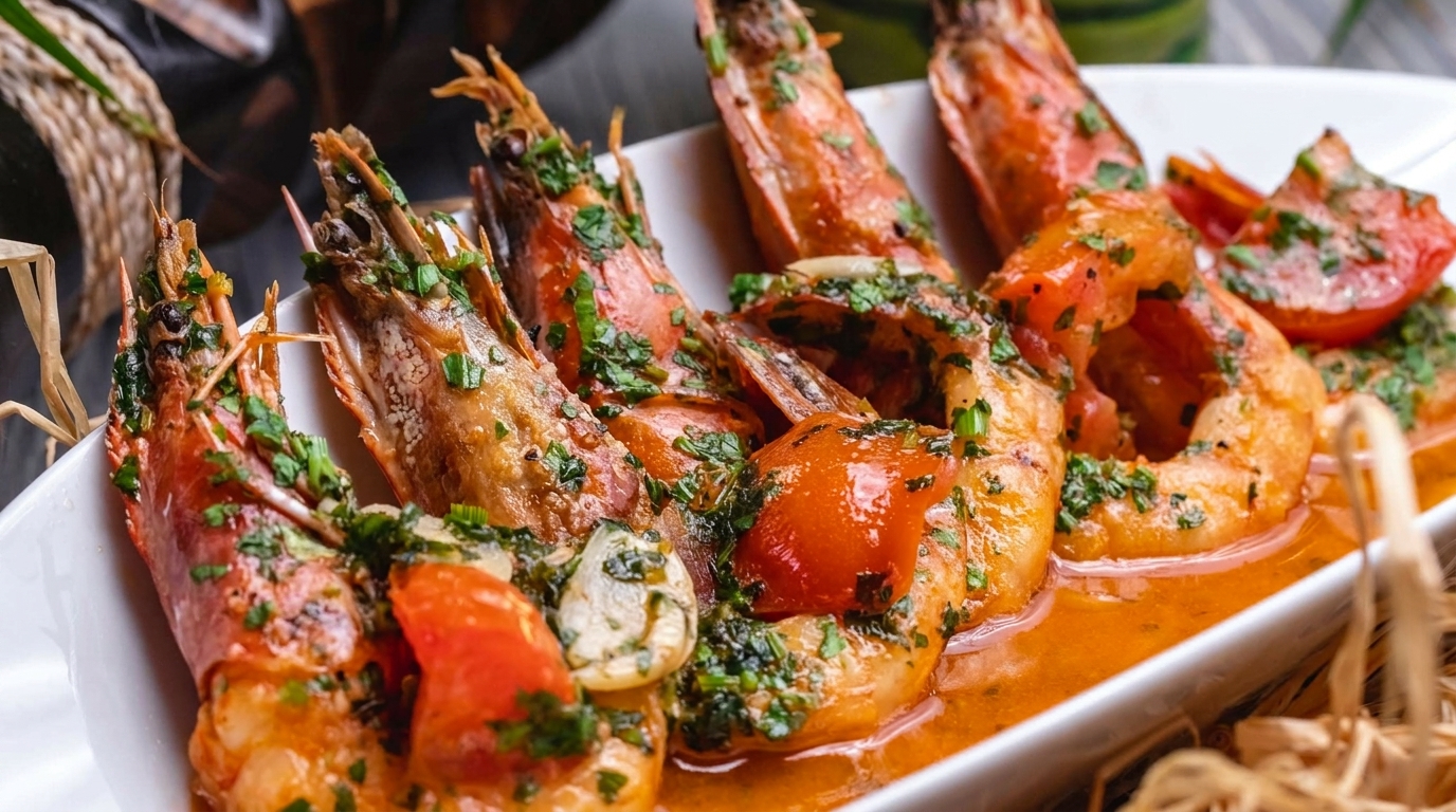 Close-up of grilled prawns with heads on, garnished with herbs, garlic, and tomatoes in a white dish.