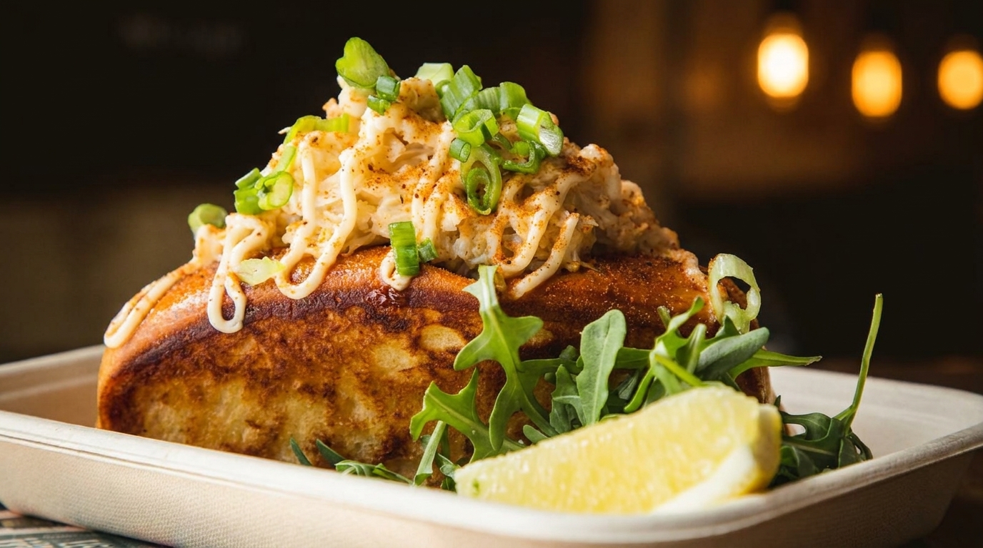 Close-up of a golden-brown lobster roll topped with crab meat, scallions, and a lemon wedge.