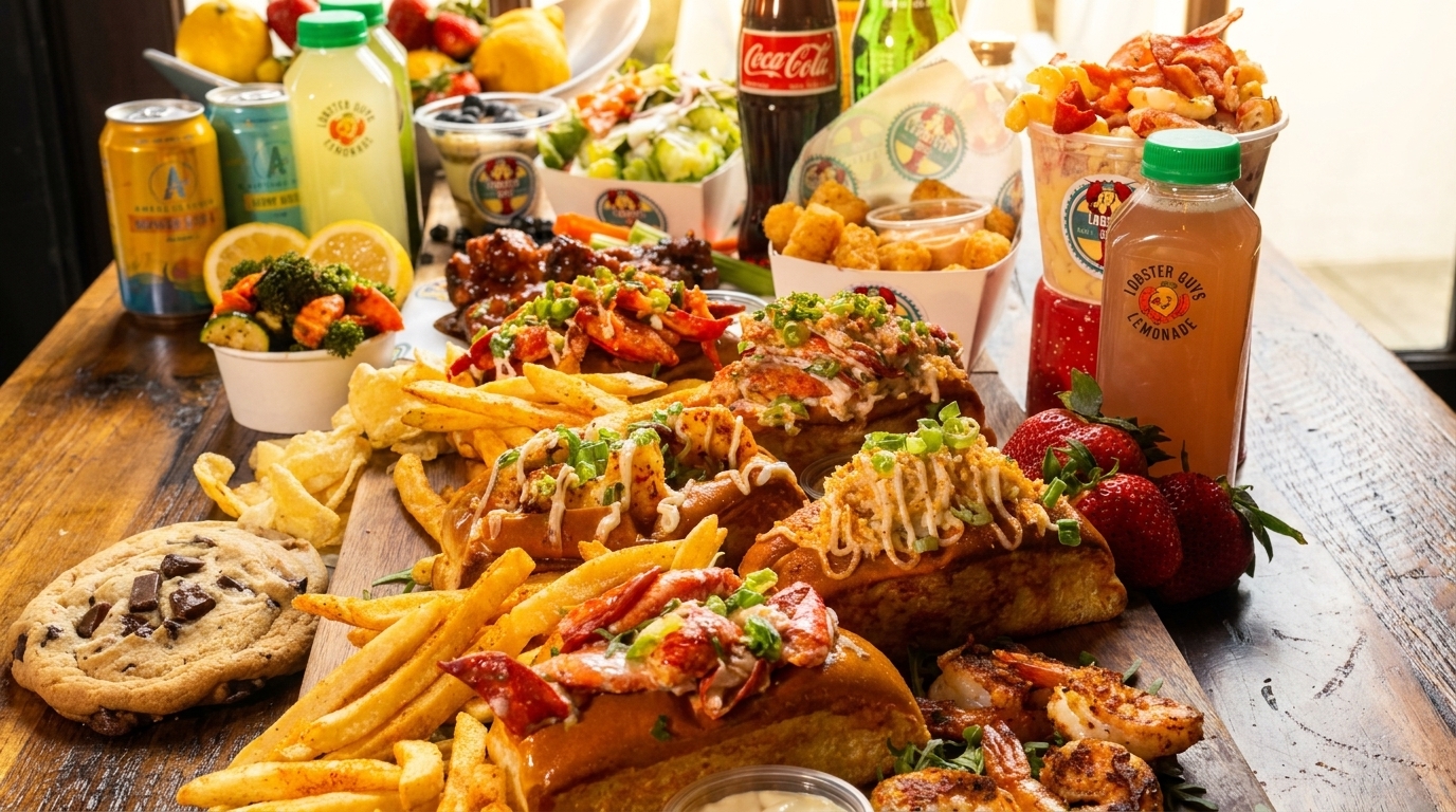 A wooden table laden with Lobster Guys lobster rolls, fries, shrimp, salads, drinks, and a cookie.