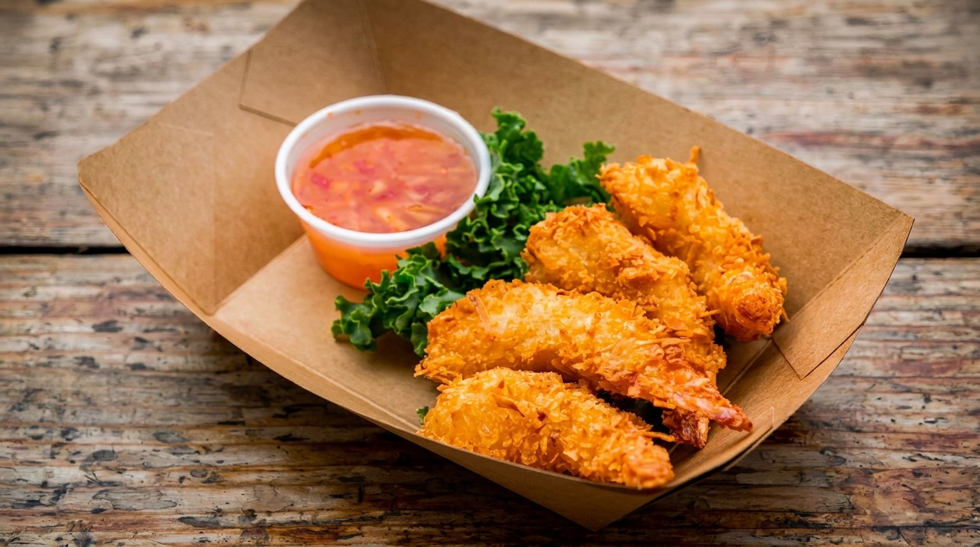 Golden-fried coconut shrimp with a side of sweet chili dipping sauce and green garnish in a paper tray.