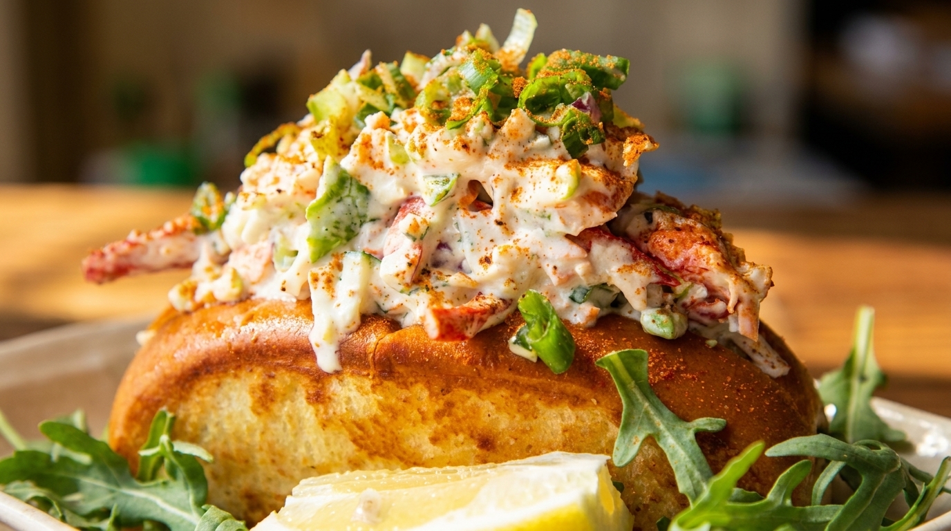Close-up of a lobster roll on a toasted bun with greens and a lemon wedge.
