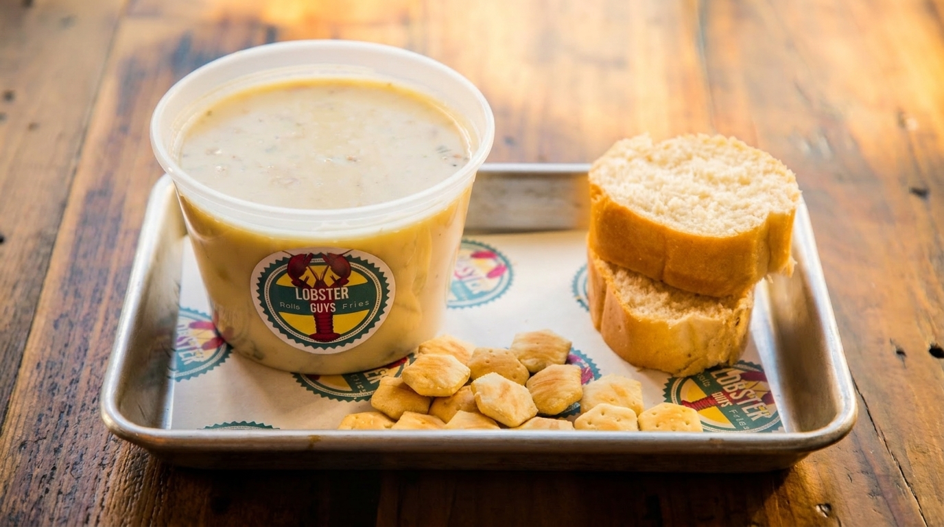 Lobster Guys clam chowder in a plastic container with bread slices and crackers on a tray.