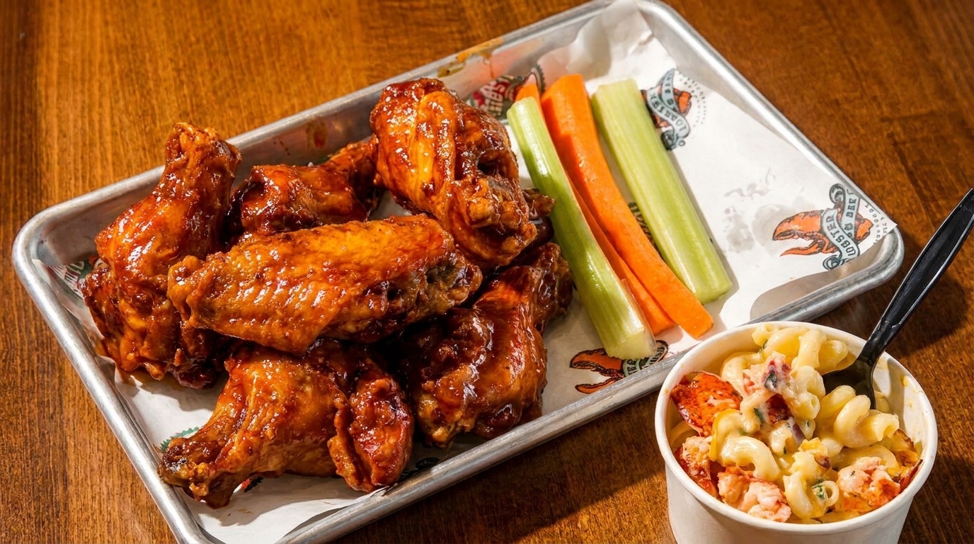 A tray of buffalo wings with celery and carrots, next to a cup of lobster mac and cheese.