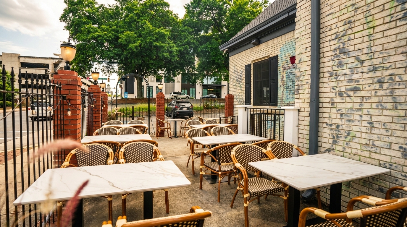 Outdoor patio dining area with marble-top tables and wicker chairs next to a brick building.