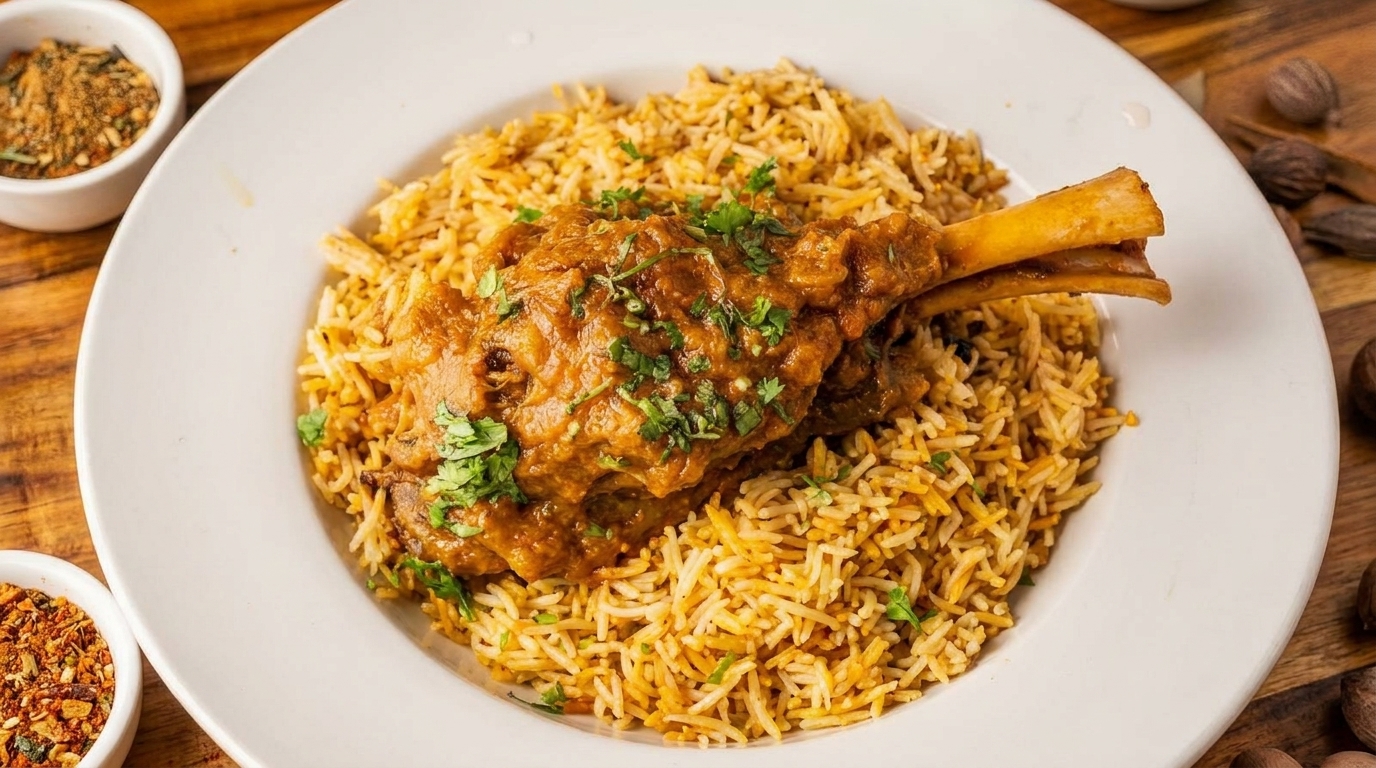 A white plate holds a lamb shank with bone, covered in sauce and fresh herbs, on a bed of rice.