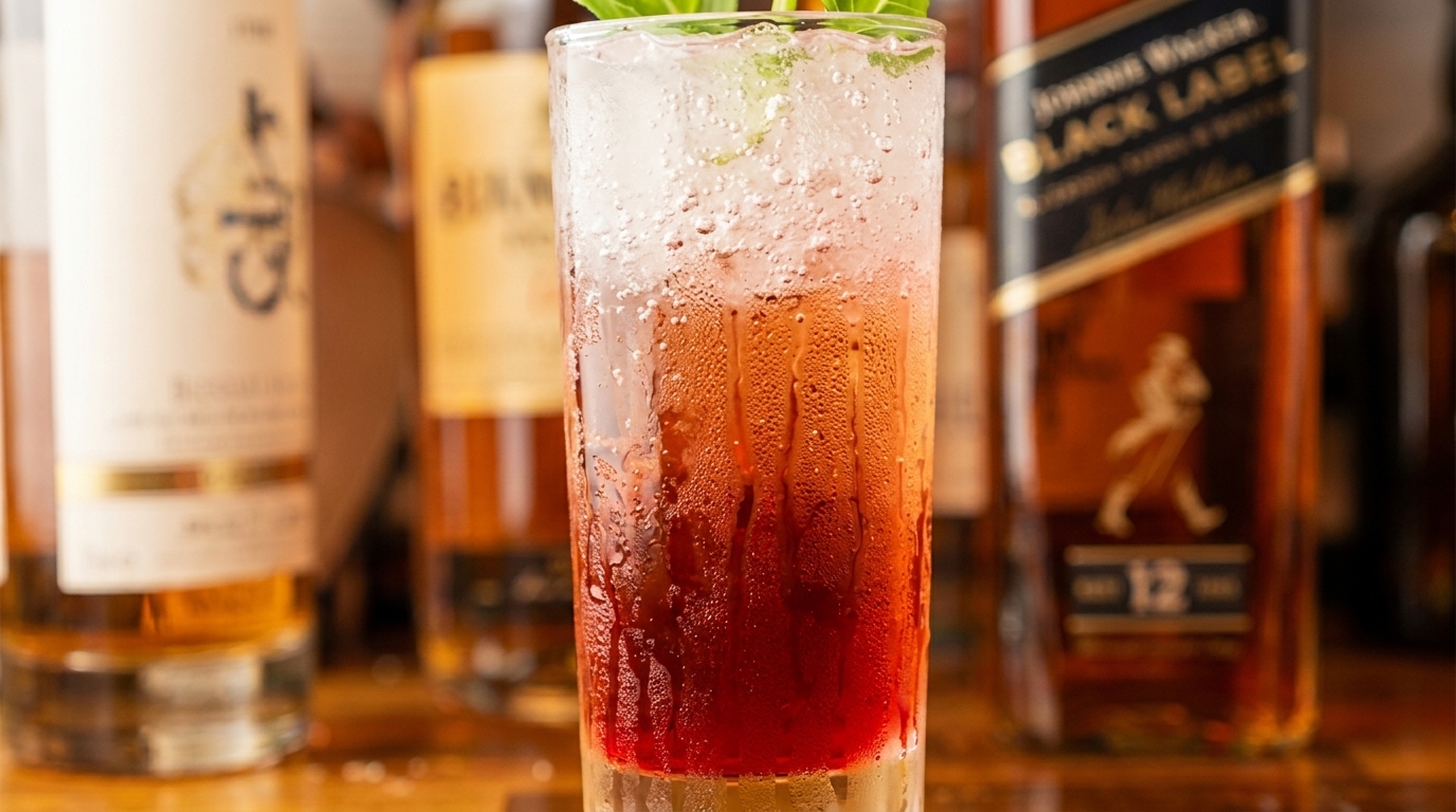 A tall glass with a red and clear layered drink, ice, and green garnish, surrounded by liquor bottles.