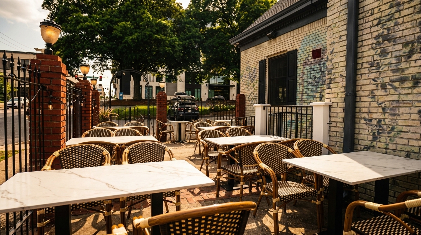 Outdoor patio dining area with marble-top tables and wicker chairs next to a brick building.