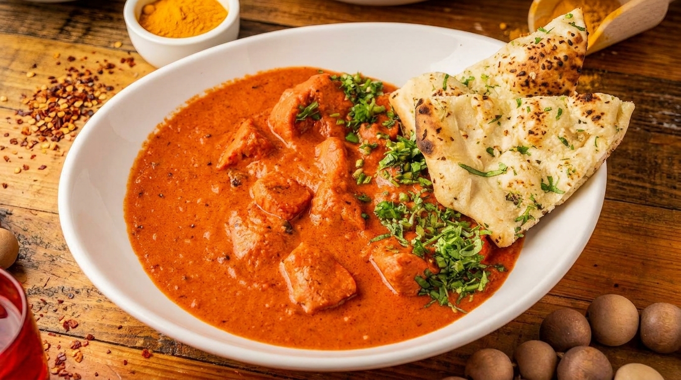 A white bowl of chicken tikka masala with naan bread and fresh cilantro on a wooden table.