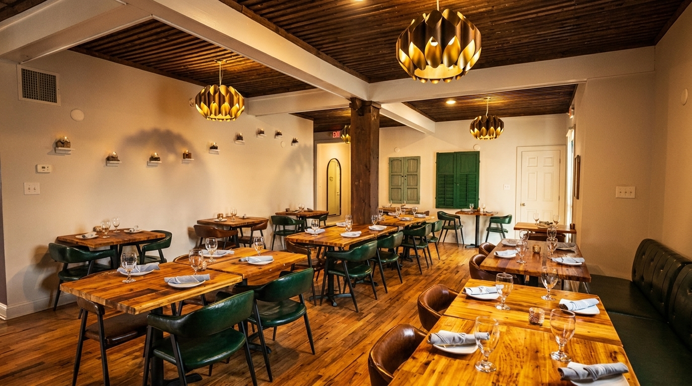 Warmly lit restaurant interior with wooden tables, green chairs, and decorative ceiling lights.