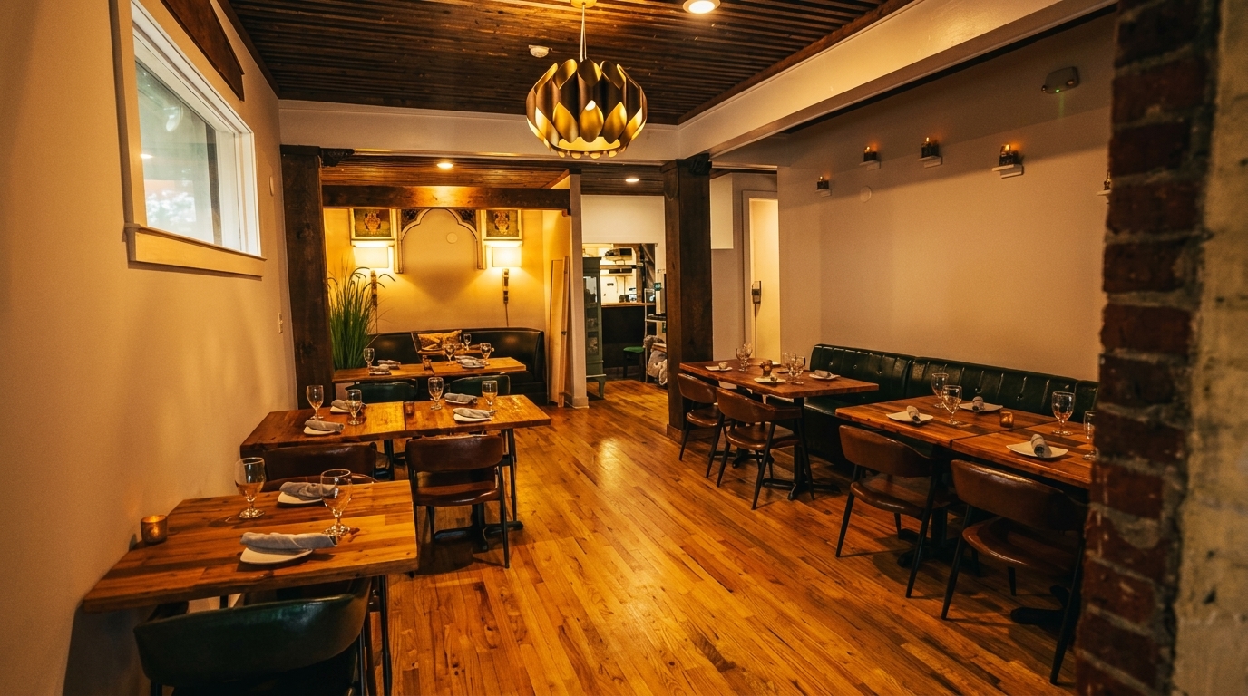 Warmly lit restaurant interior with wooden tables, dark leather banquettes, and a decorative ceiling light.