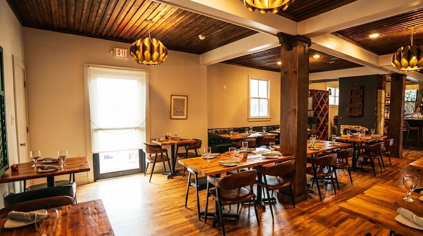 Warmly lit restaurant interior with wooden tables, leather chairs, and a bar area in the background.