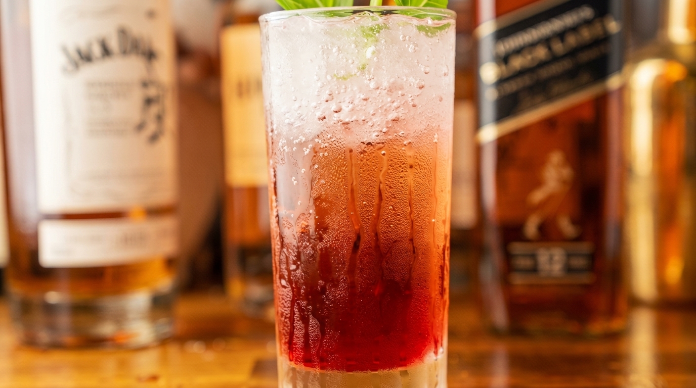 A tall, frosted glass with a red and clear layered cocktail, garnished with mint, on a bar.