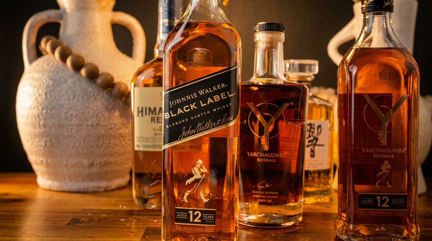 Bottles of Johnnie Walker Black Label and Yarchagumba Beverage whiskey on a wooden surface.