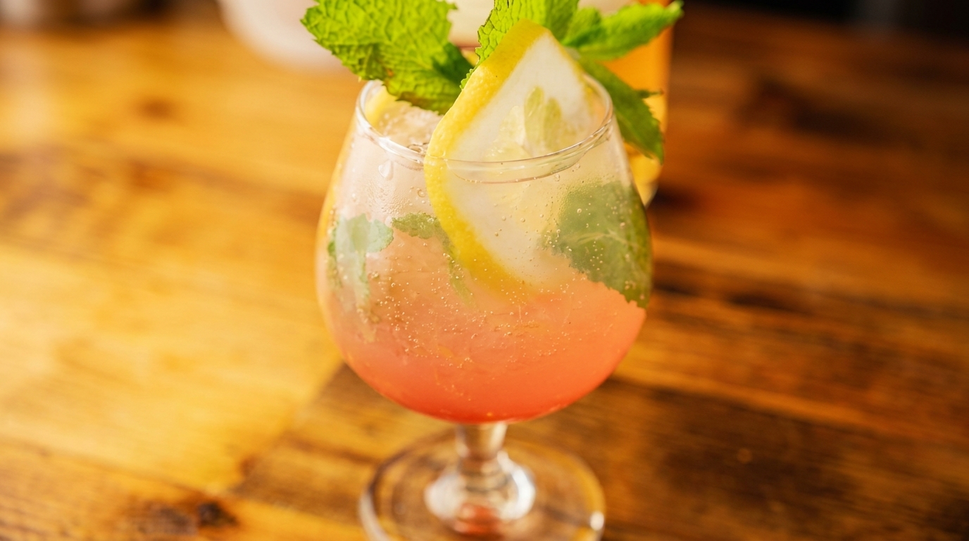 Pink cocktail with lemon and mint garnish in a stemmed glass on a wooden table.