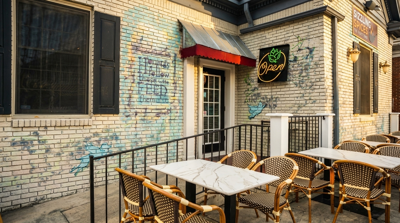 Outdoor patio of Sizzling Spices restaurant with marble tables, wicker chairs, and a neon 'Open' sign.