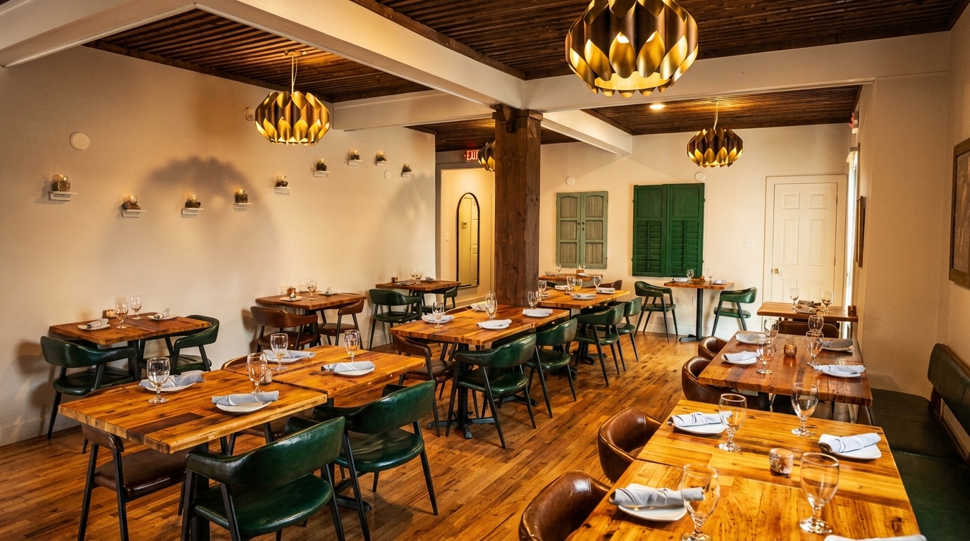 A restaurant dining room with wooden tables, green chairs, and decorative lighting fixtures.