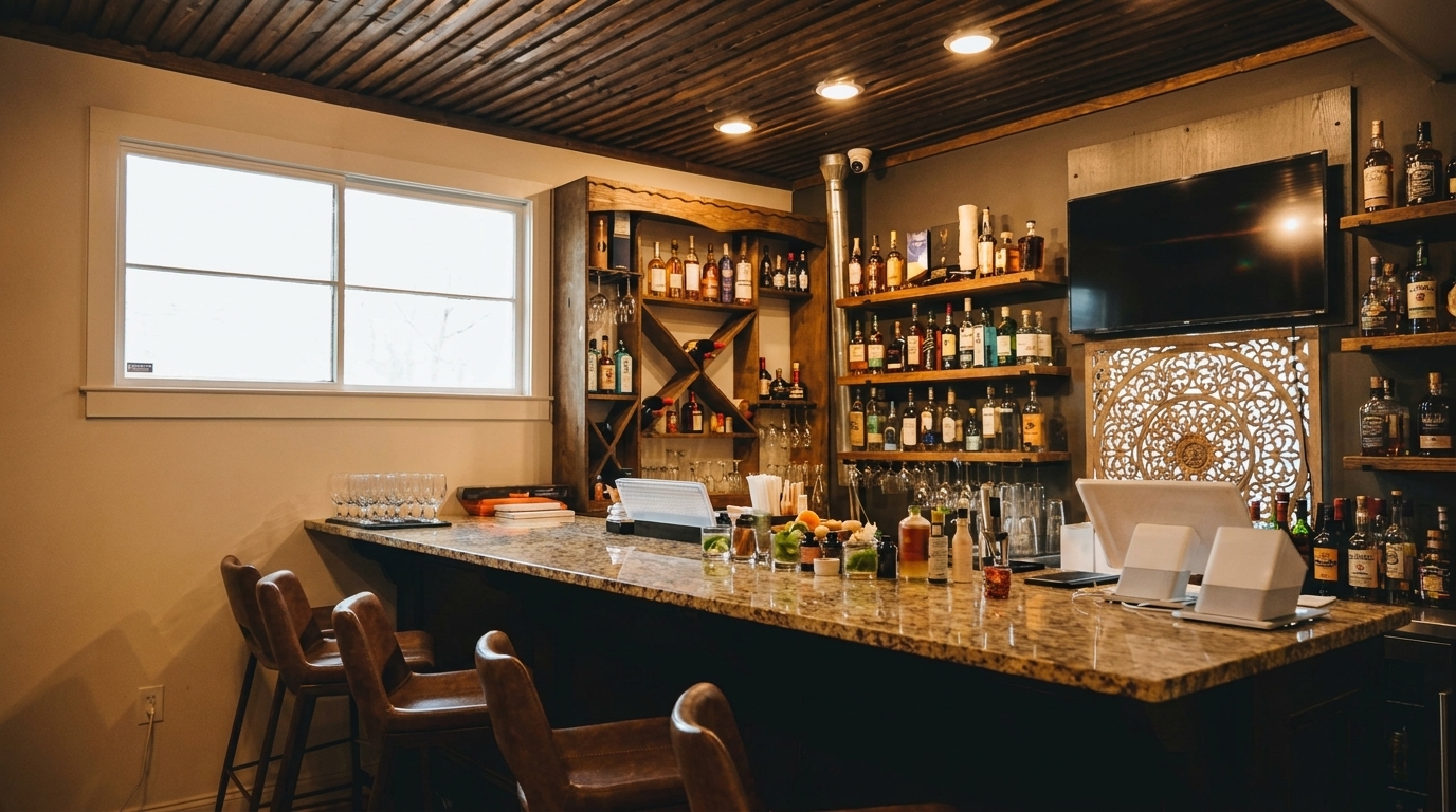A well-stocked bar with bottles of liquor, glasses, and bar stools, ready for service.