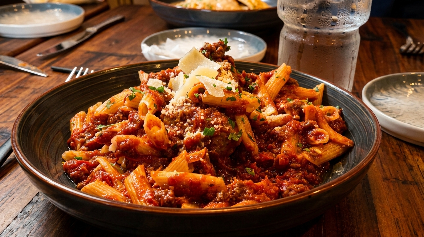 A bowl of penne pasta with meat sauce, parmesan cheese, and parsley on a wooden table.