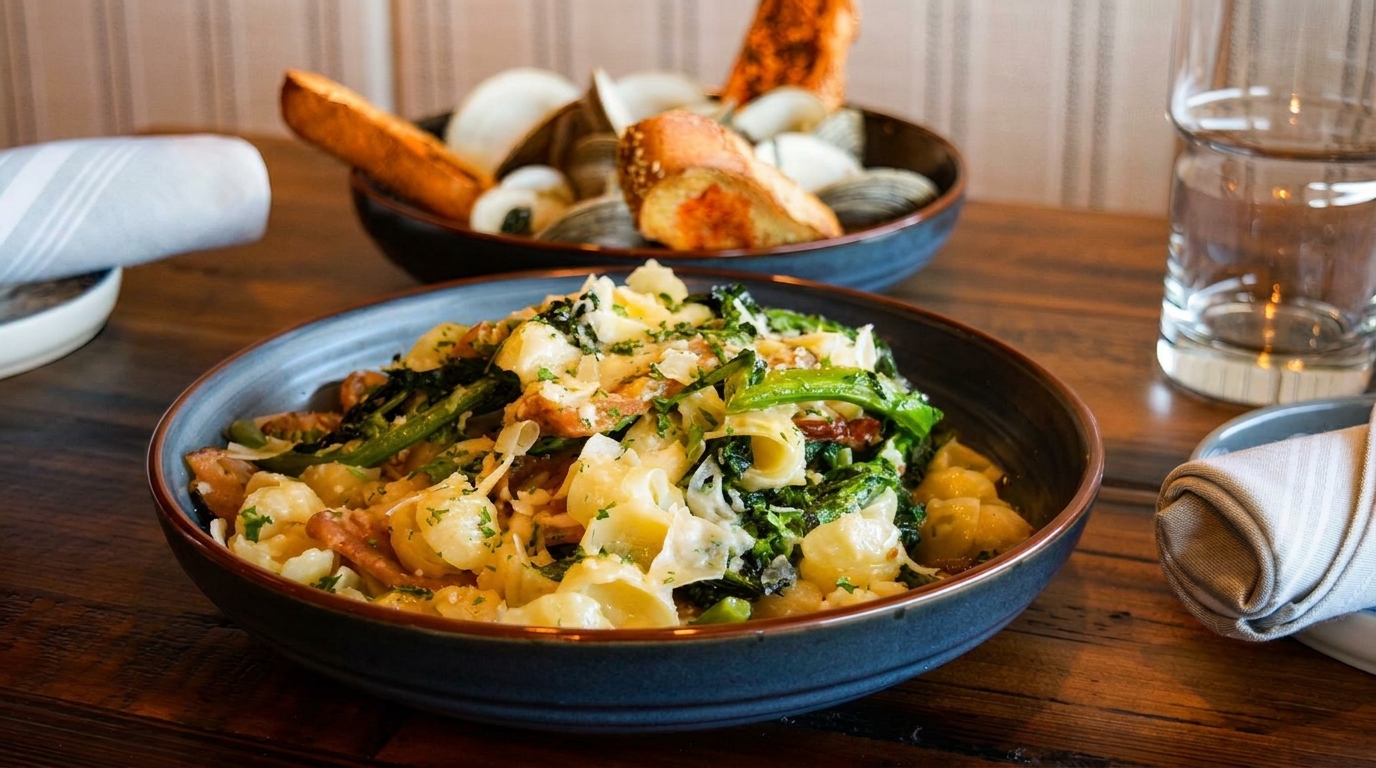 Pasta with greens and cheese in a blue bowl, with clams and bread in the background.