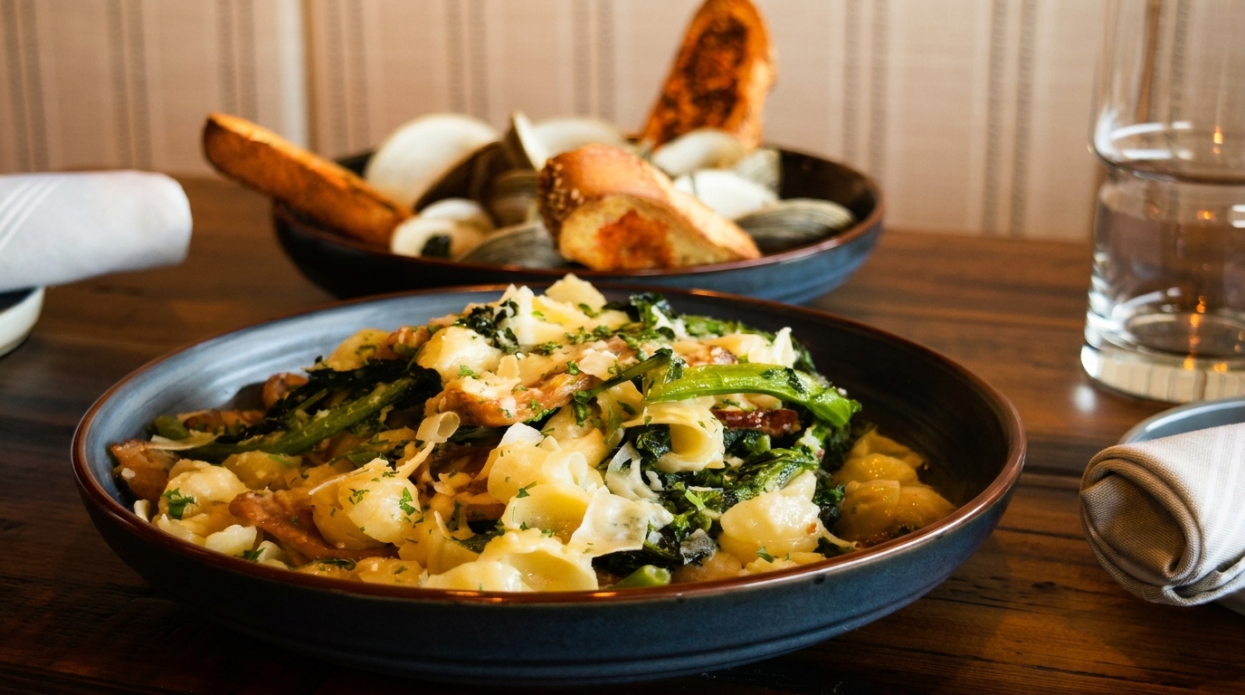 Pasta with greens and cheese in a dark bowl, with a bowl of clams and bread in the background.