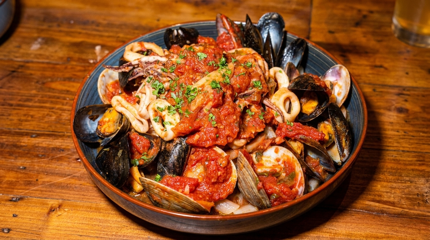A large bowl of seafood pasta with mussels, clams, and calamari in a rich red sauce.