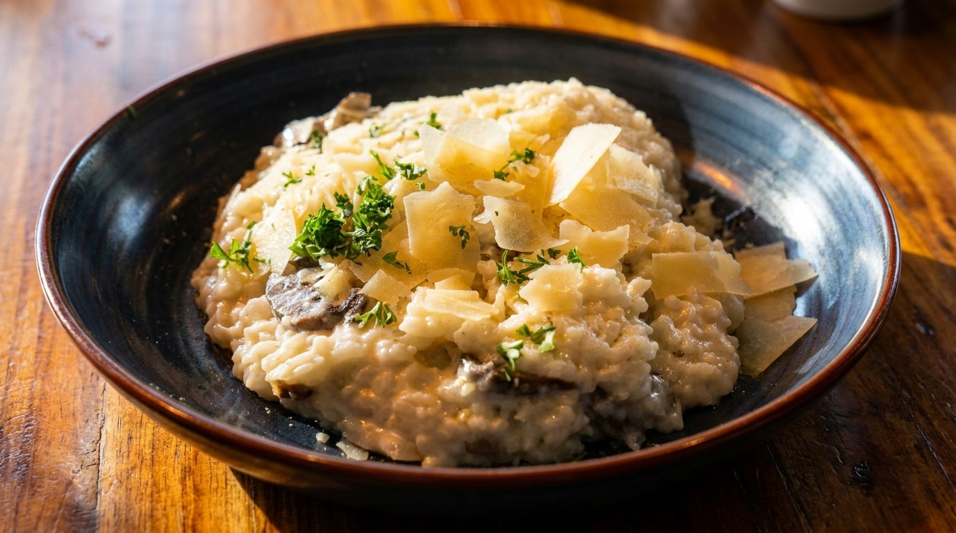Creamy mushroom risotto topped with shaved Parmesan cheese and fresh parsley in a dark bowl.