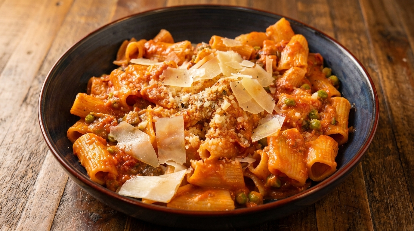 Rigatoni pasta with red sauce, peas, and shaved Parmesan cheese in a dark bowl on a wooden table.