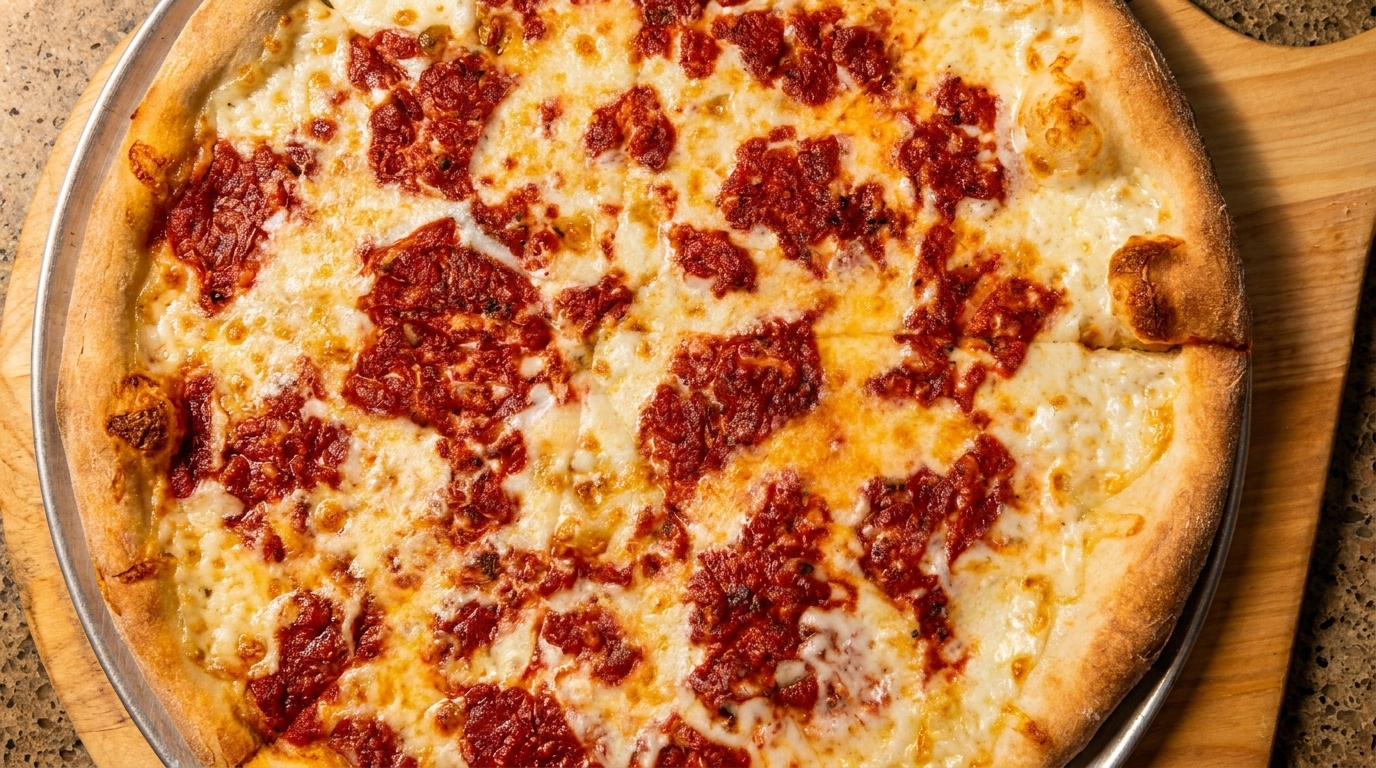 A freshly baked cheese pizza with a rich red sauce, served on a metal pan.