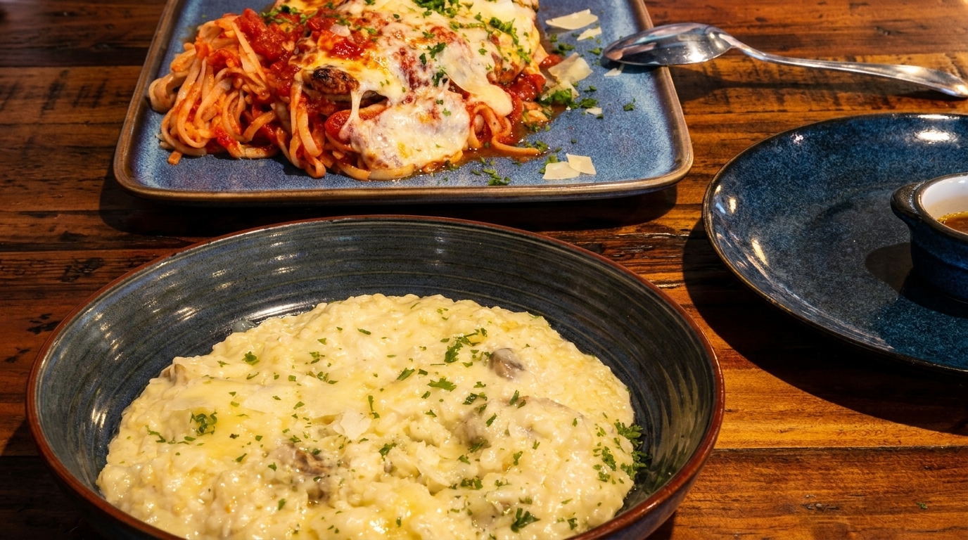 A bowl of creamy mushroom risotto and a plate of cheesy baked spaghetti with meatballs on a wooden table.