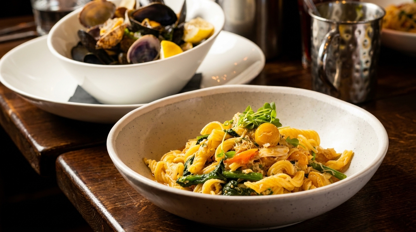 Two bowls of food on a wooden table, one with pasta and the other with mussels.