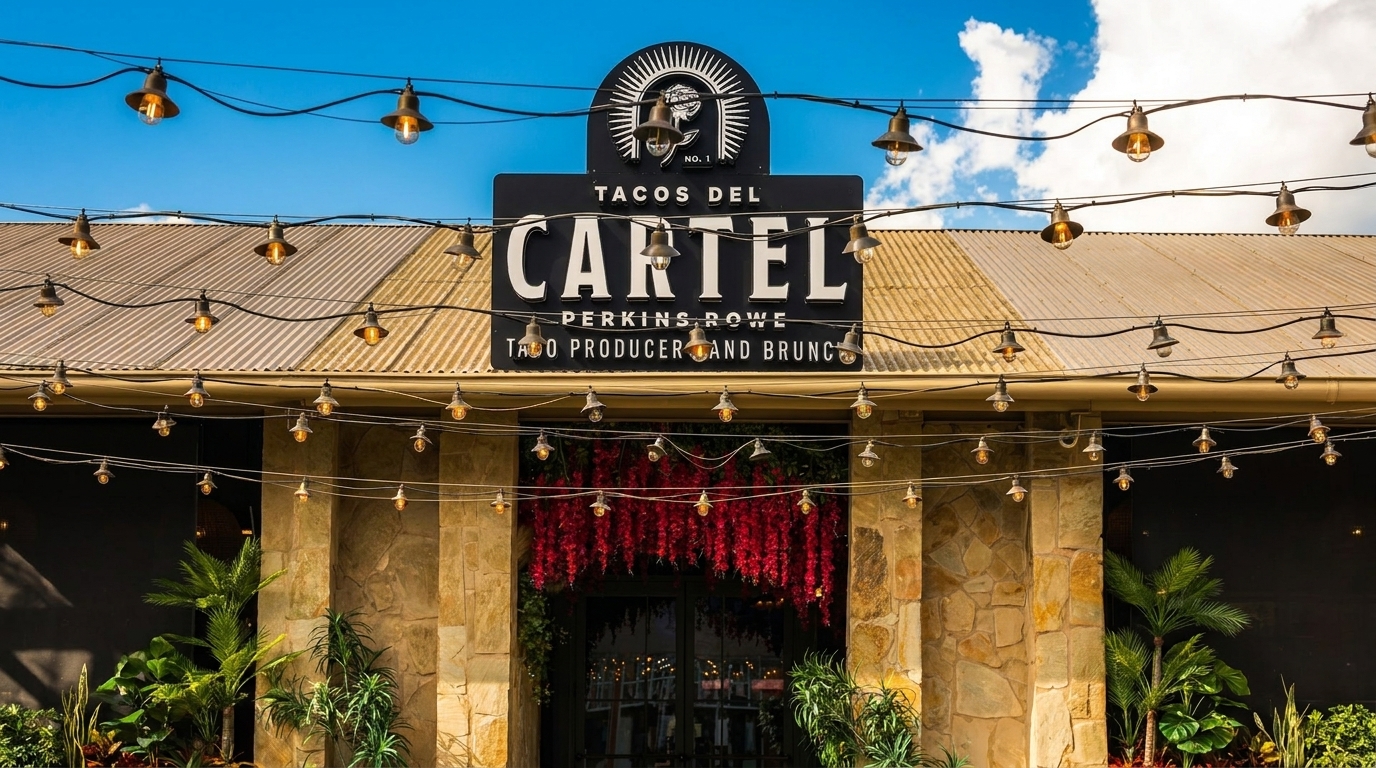 Tacos Del Cartel restaurant exterior with string lights, stone facade, and red floral decor.