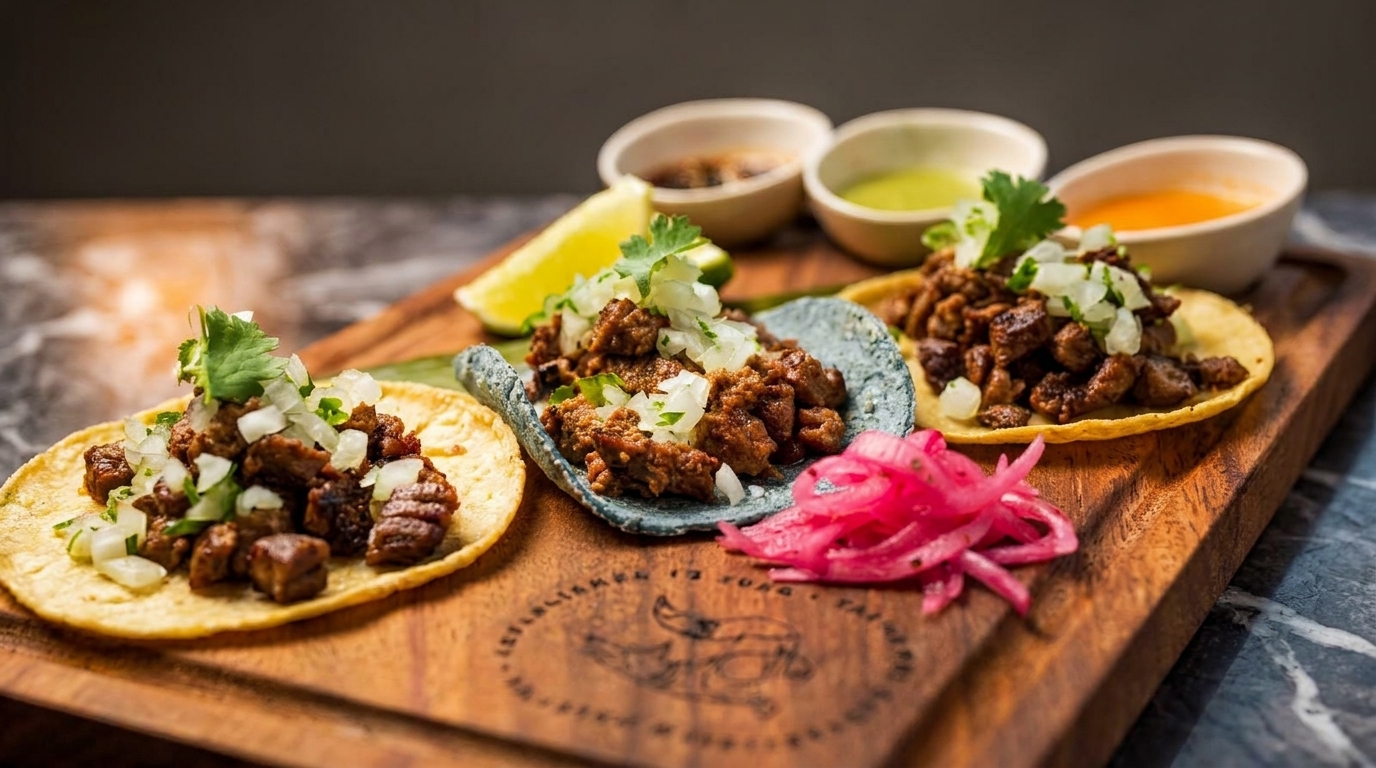 Three street tacos with meat, onions, cilantro, and lime on a wooden board with sauces.