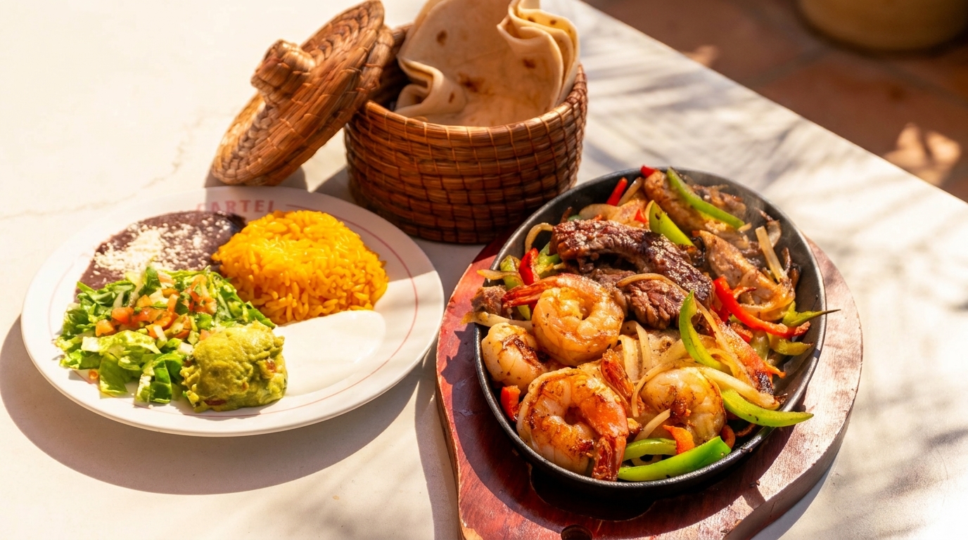 Sizzling fajitas with shrimp, steak, and vegetables, alongside rice, beans, guacamole, and tortillas.