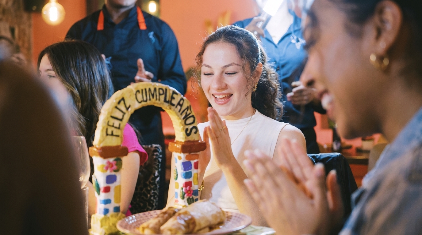 Smiling woman clapping at a table with a "Feliz Cumpleaños" arch and food.