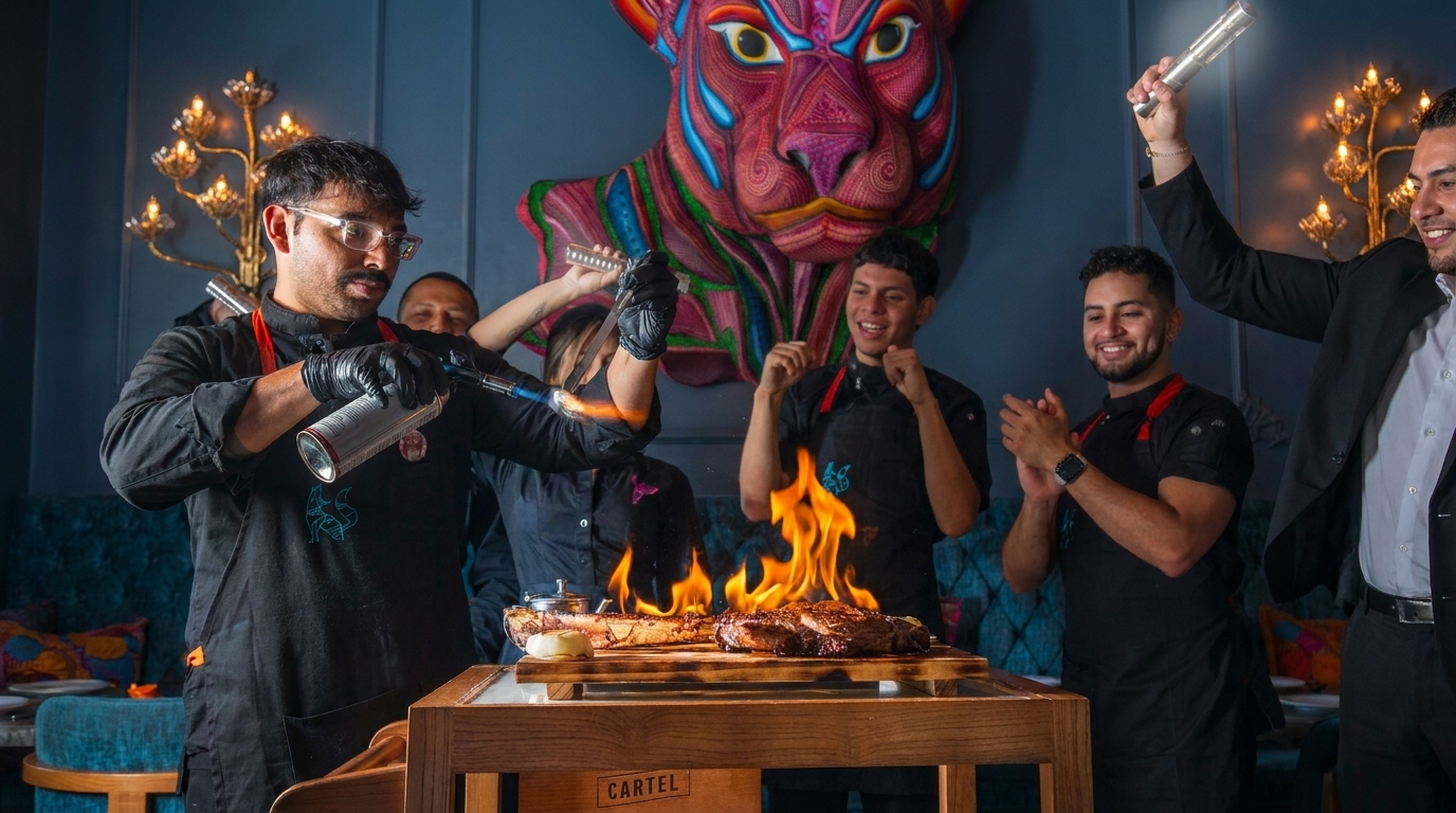 Chefs flambéing steaks at a table, with a colorful jaguar art piece in the background.