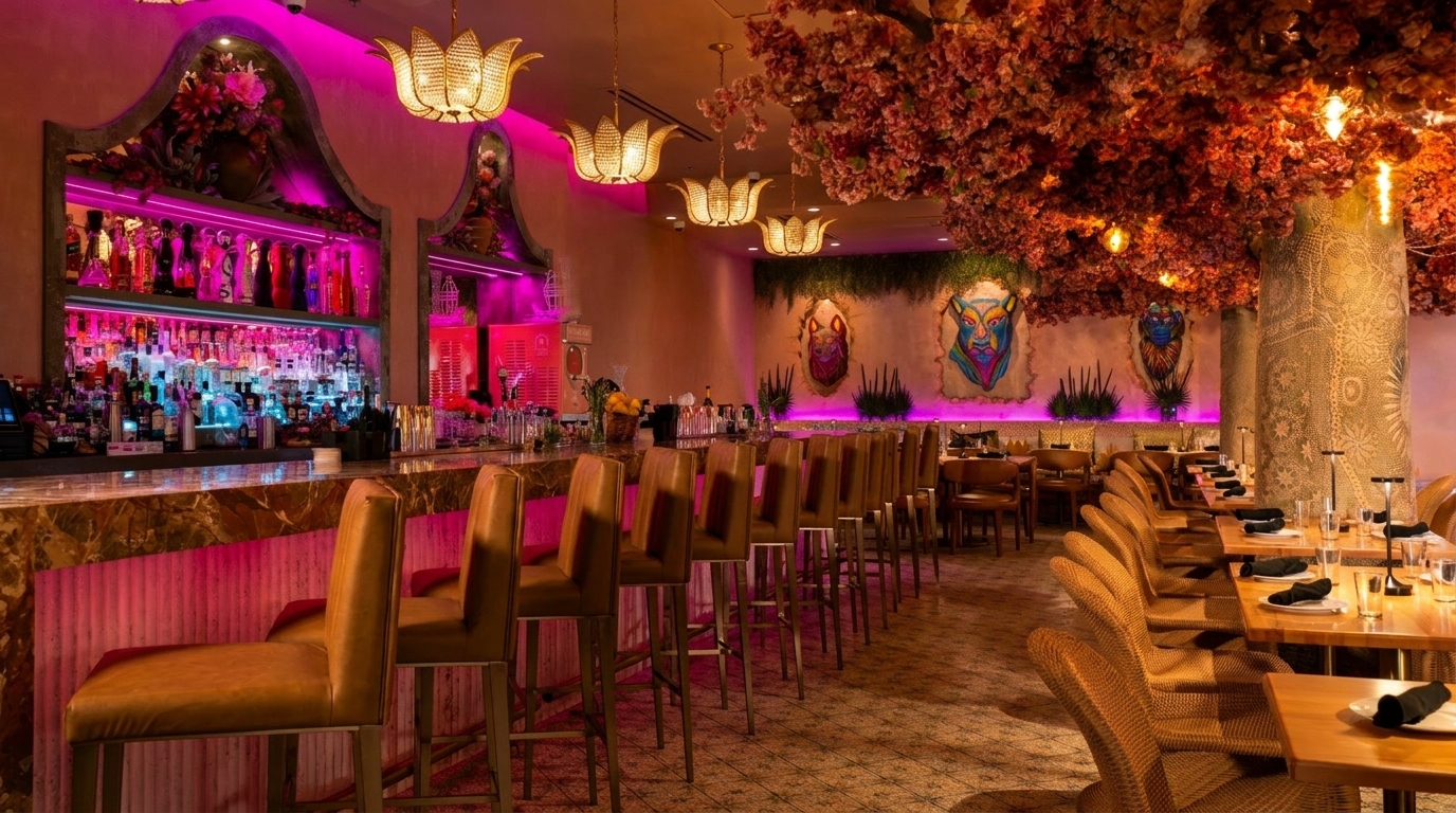 A vibrant restaurant interior with a pink-lit bar, lotus chandeliers, and a ceiling covered in red flowers.