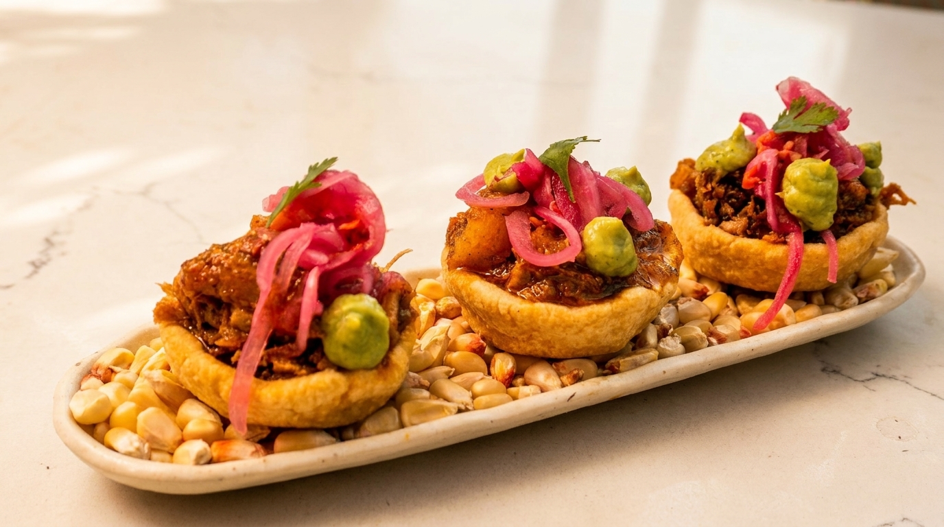 Three mini tacos with meat, pickled onions, and green sauce on a bed of corn kernels.