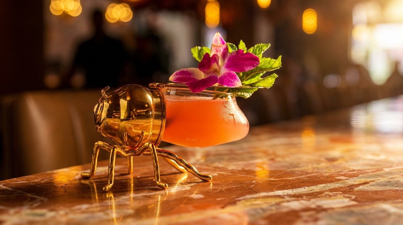 A vibrant orange cocktail in a golden beetle-shaped glass, garnished with a purple orchid and mint leaves.