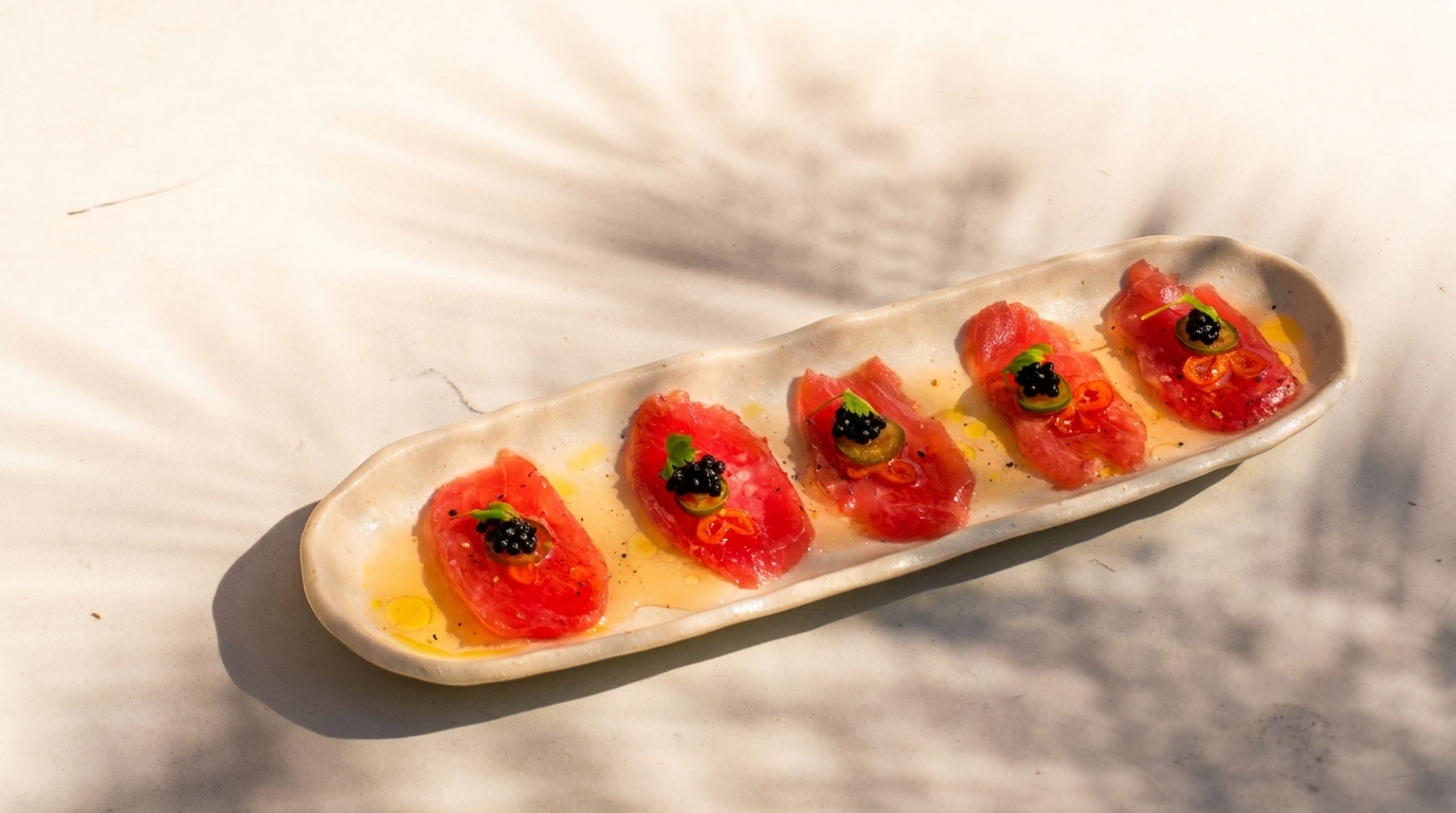 Five slices of tuna sashimi with caviar and jalapeño on a long white plate.