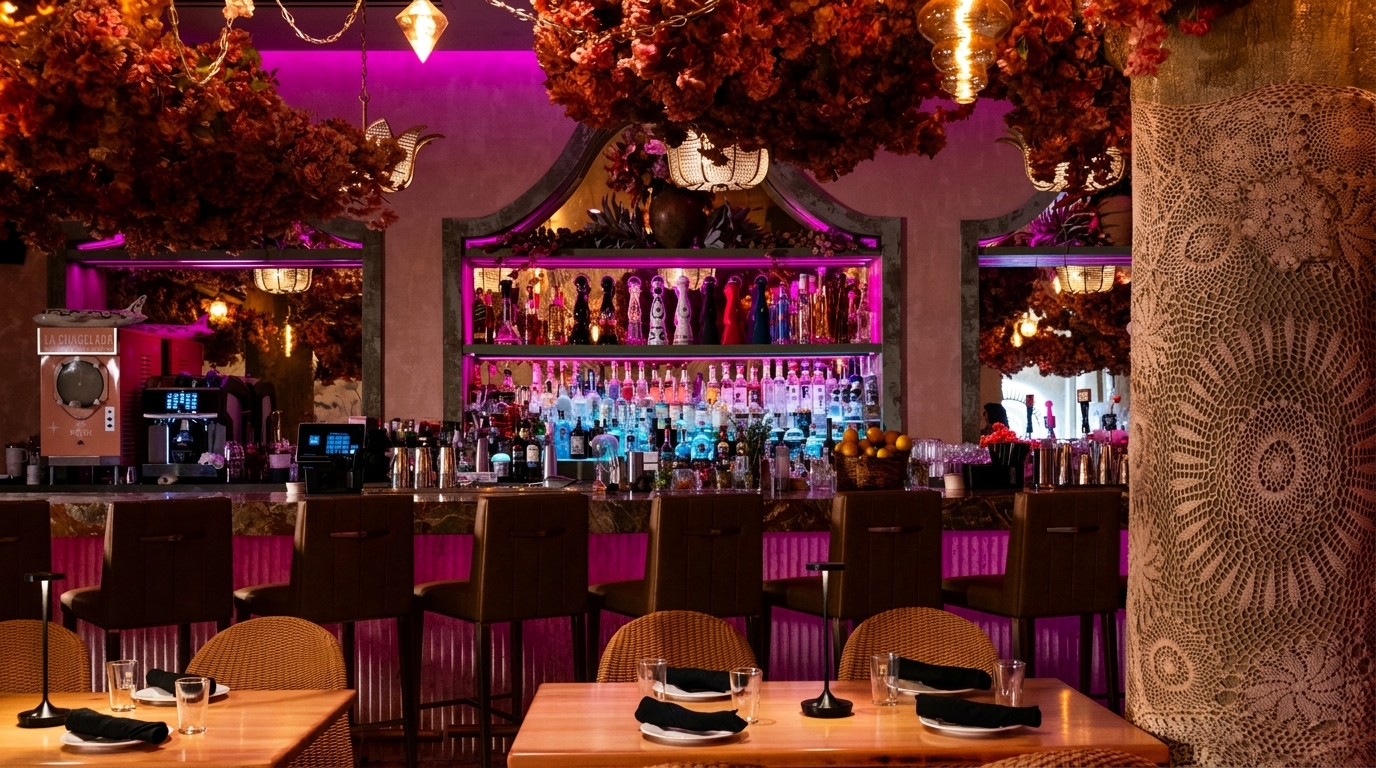 A vibrant bar with purple lighting, a fully stocked liquor shelf, and tables set for dining.