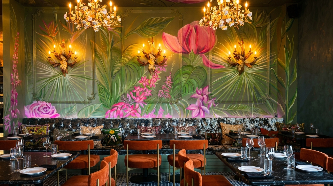 Restaurant interior with tropical mural, ornate chandeliers, black marble tables, and orange velvet chairs.