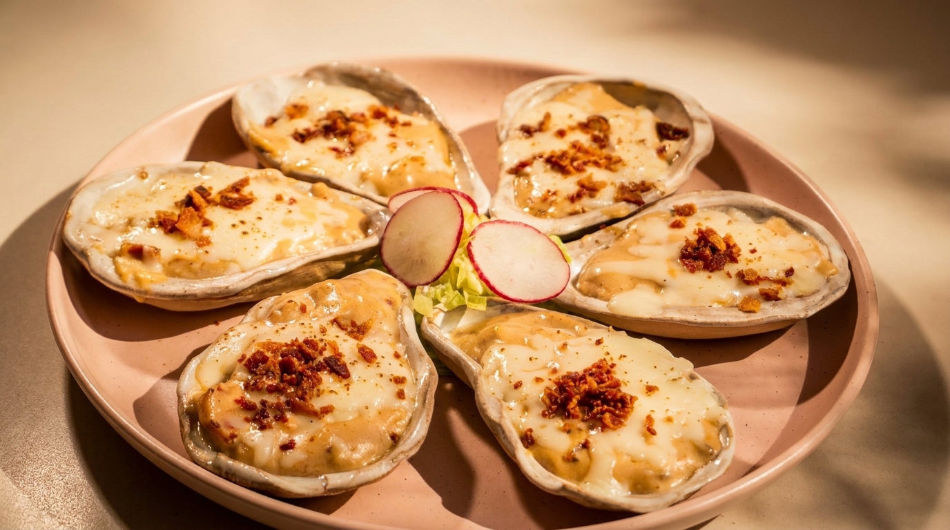 Baked oysters topped with melted cheese and bacon bits, garnished with radishes and lettuce.