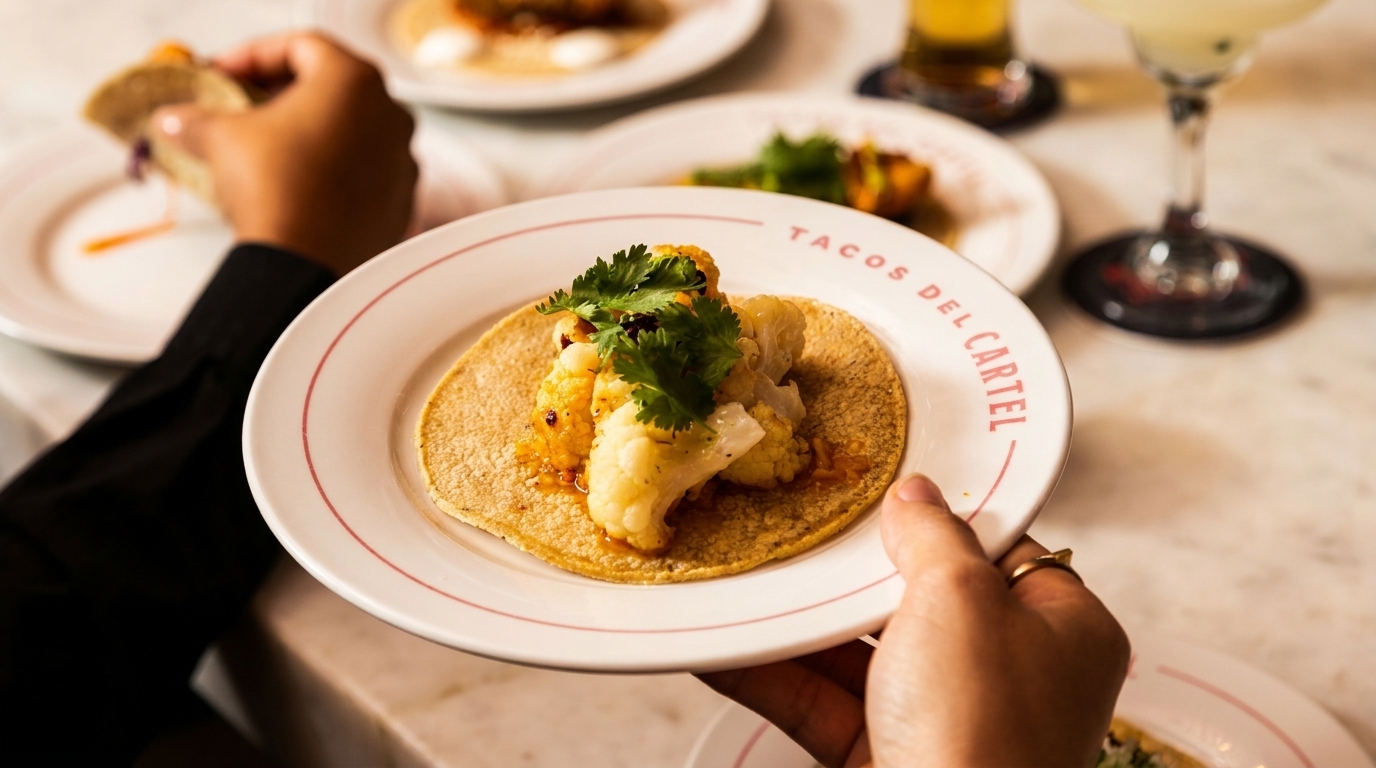 A hand holds a Tacos del Cartel plate with a cauliflower taco, other tacos and drinks in background.