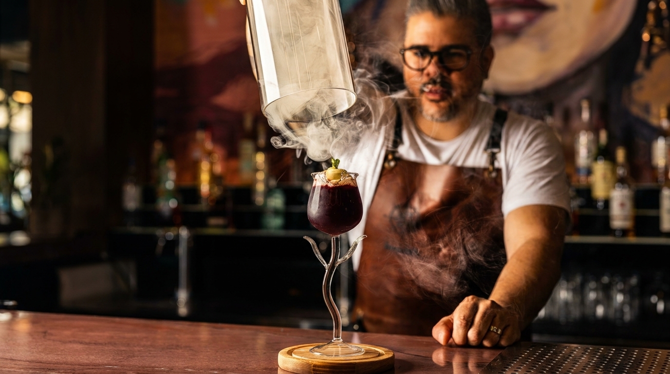 Bartender smoking a purple cocktail in a unique glass with a cloche, creating a dramatic effect.
