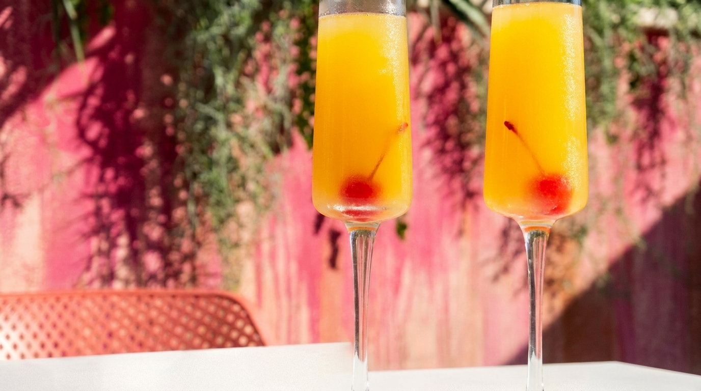Two mimosa cocktails with cherries in champagne flutes on a white table with a pink background.