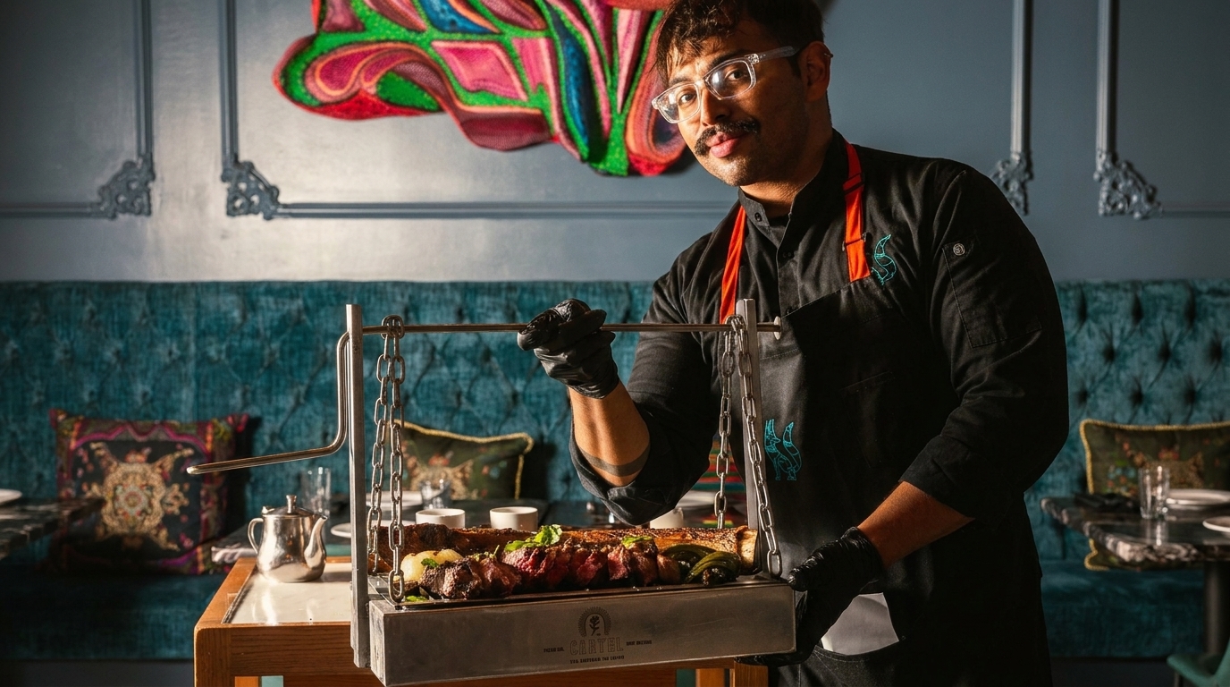 Chef in black uniform and glasses holding a hanging grill with cooked meat and vegetables.